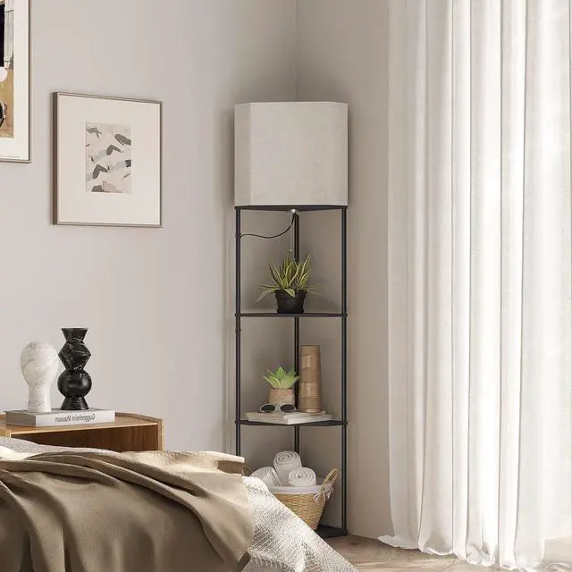 Alt view image 5 of 7 - Sector Corner Shelf lamp 3 Color temperatures LED Bulb,Corner lamp with Linen lampshade, Floor Lamps for Living Room, Bedroom, Study,Black Corner lamp with Shelves