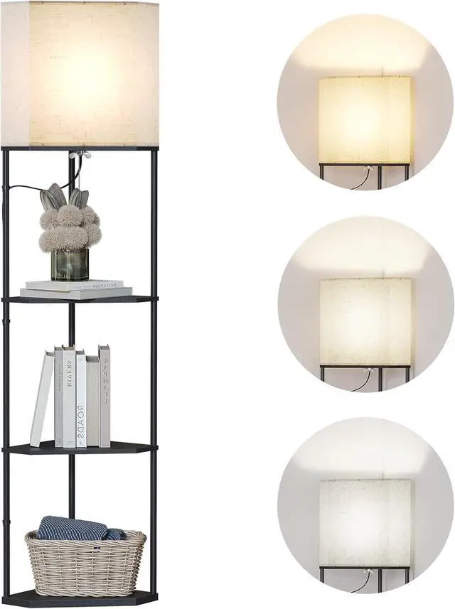 Alt view image 7 of 7 - Sector Corner Shelf lamp 3 Color temperatures LED Bulb,Corner lamp with Linen lampshade, Floor Lamps for Living Room, Bedroom, Study,Black Corner lamp with Shelves