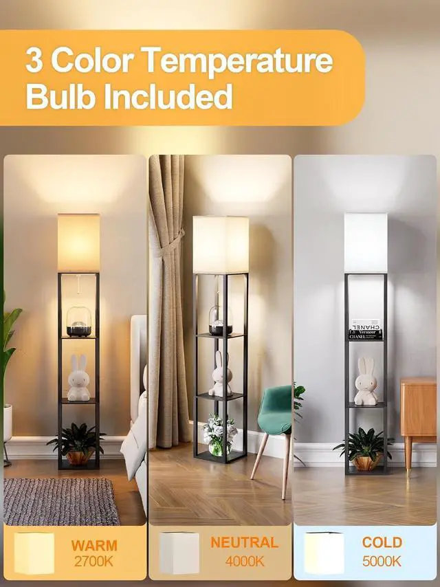 Alt view image 3 of 7 - Floor Lamp with Shelves for Living Room, Shelf Floor Lamp with 3 CCT LED Bulb, Corner Display Standing Column Lamp Etagere Organizer Tower Nightstand with White Linen Shade for Bedroom, Office