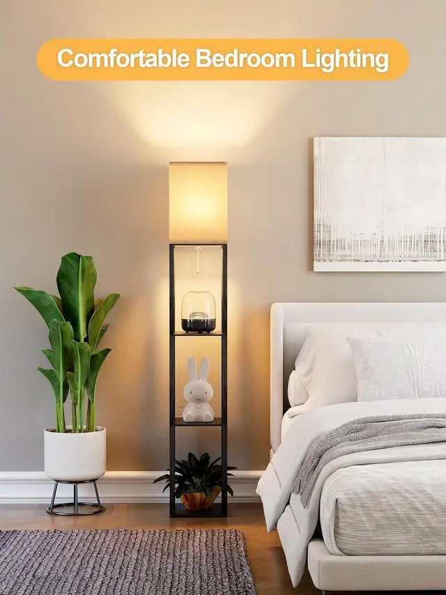Alt view image 6 of 7 - Floor Lamp with Shelves for Living Room, Shelf Floor Lamp with 3 CCT LED Bulb, Corner Display Standing Column Lamp Etagere Organizer Tower Nightstand with White Linen Shade for Bedroom, Office