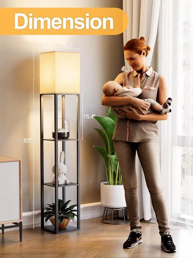 Alt view image 4 of 7 - Floor Lamp with Shelves for Living Room, Shelf Floor Lamp with 3 CCT LED Bulb, Corner Display Standing Column Lamp Etagere Organizer Tower Nightstand with White Linen Shade for Bedroom, Office