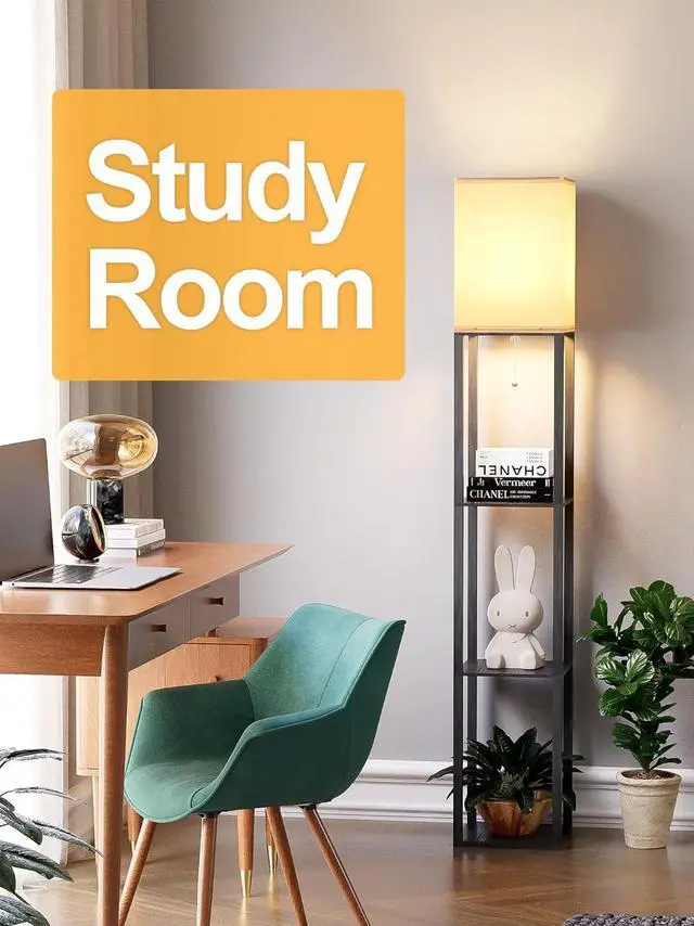 Alt view image 7 of 7 - Floor Lamp with Shelves for Living Room, Shelf Floor Lamp with 3 CCT LED Bulb, Corner Display Standing Column Lamp Etagere Organizer Tower Nightstand with White Linen Shade for Bedroom, Office