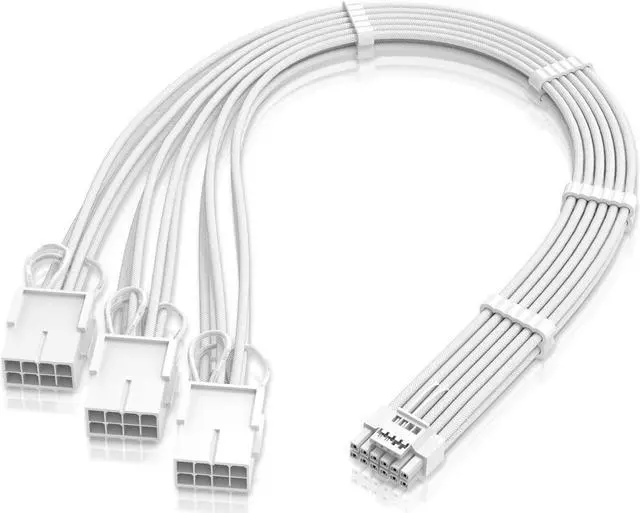 Main image of GPU Power Sleeved Cable Extension, 16pin(12+4) 12VHPWR PCIe 5.0 Connector Male to 3X PCIE 8 PIN for RTX4070ti/ 4080/ 3090Ti, with Pre-installed Cable Combs-16AWG/ Pure White
