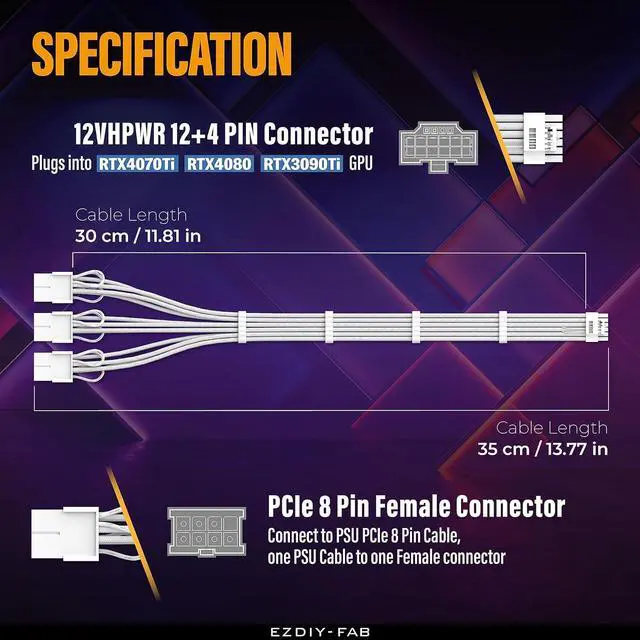 Alt view image 3 of 7 - GPU Power Sleeved Cable Extension, 16pin(12+4) 12VHPWR PCIe 5.0 Connector Male to 3X PCIE 8 PIN for RTX4070ti/ 4080/ 3090Ti, with Pre-installed Cable Combs-16AWG/ Pure White