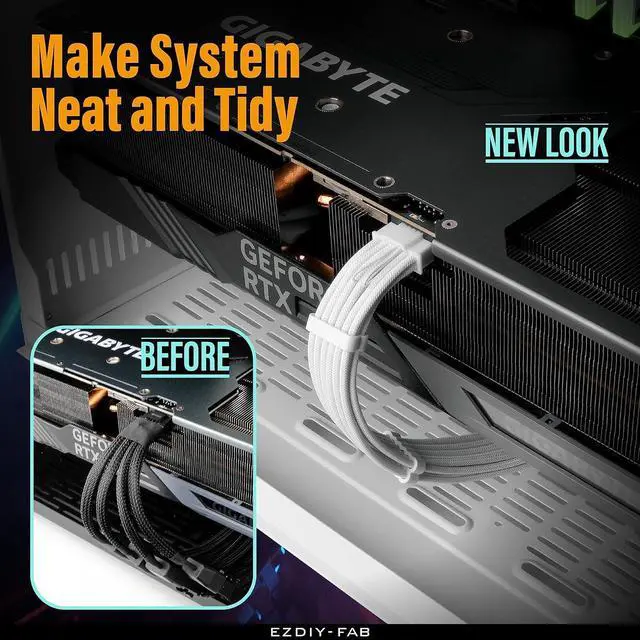 Alt view image 2 of 7 - GPU Power Sleeved Cable Extension, 16pin(12+4) 12VHPWR PCIe 5.0 Connector Male to 3X PCIE 8 PIN for RTX4070ti/ 4080/ 3090Ti, with Pre-installed Cable Combs-16AWG/ Pure White