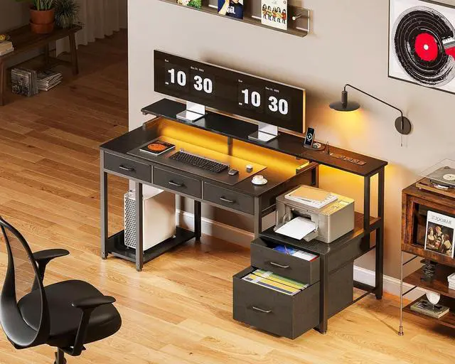 Alt view image 5 of 5 - 55 Inch Computer Desk with 3 Drawers and File Cabinet for Storage, Office Desk with Monitor Stand and LED Lights, Home Office Desks, Black