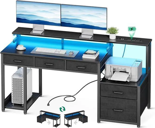 Main image of 55 Inch Computer Desk with 3 Drawers and File Cabinet for Storage, Office Desk with Monitor Stand and LED Lights, Home Office Desks, Black