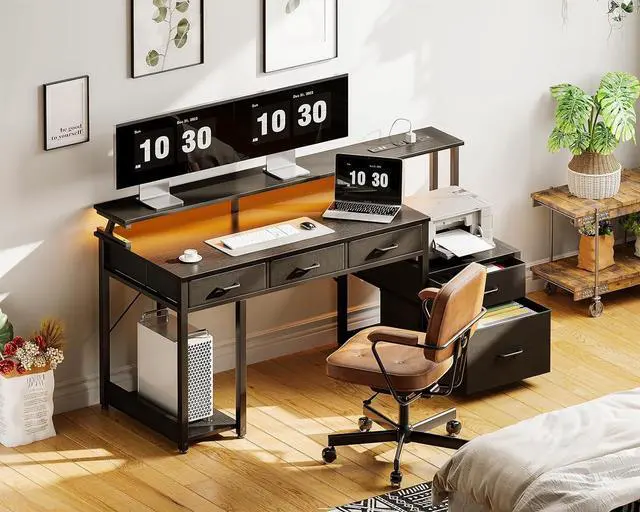 Alt view image 2 of 5 - 55 Inch Computer Desk with 3 Drawers and File Cabinet for Storage, Office Desk with Monitor Stand and LED Lights, Home Office Desks, Black