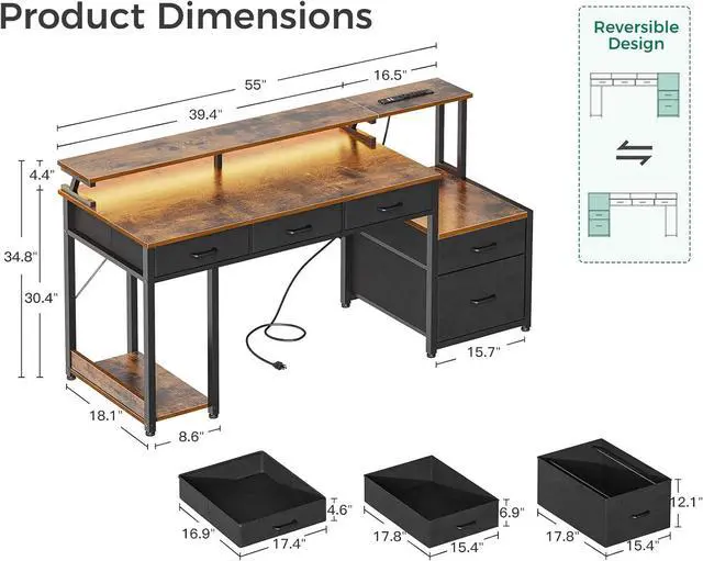 Alt view image 2 of 5 - 55 Inch Computer Desk with 3 Drawers and File Cabinet for Storage, Office Desk with Monitor Stand and LED Lights, Home Office Desks, Brown