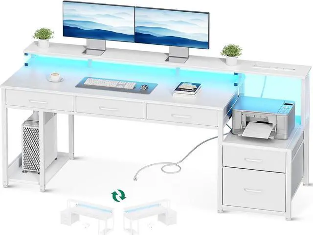 Main image of 71 Inch Computer Desk with File Drawer, Reversible Office Desk with 4 Drawers & Power Outlet, LED Strip, Home Office Desk with Monitor Shelf & CPU Stand, White