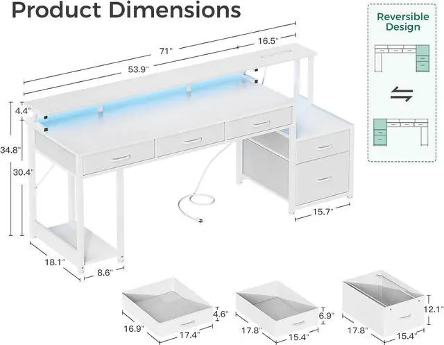 Alt view image 2 of 5 - 71 Inch Computer Desk with File Drawer, Reversible Office Desk with 4 Drawers & Power Outlet, LED Strip, Home Office Desk with Monitor Shelf & CPU Stand, White