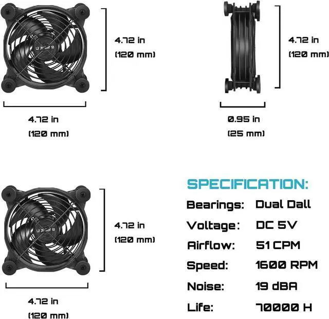 Alt view image 7 of 7 - USB Computer Fan Black,Dual 120mm Fan,Silent Fan for Computer Cases Computer Cabinet PlayStation Xbox Cooling