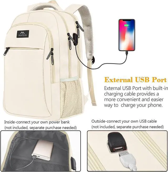 Alt view image 2 of 7 - Beige Laptop Backpack 15.6 Inch, Lightweight Sturdy Bag for College Supplies with USB Charging Port, Water Resistant Anti Theft Travel Computer Daypack Fashion Work Nurse Bag Gift for Women