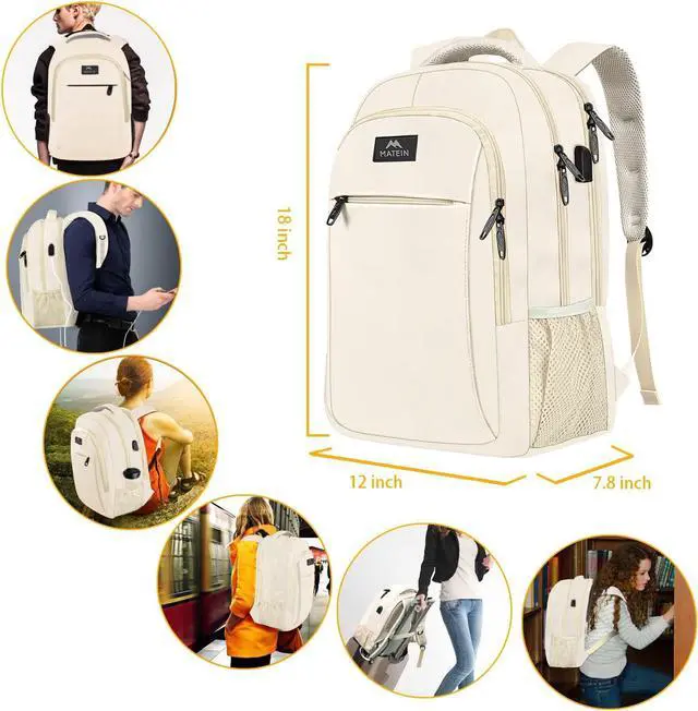 Alt view image 6 of 7 - Beige Laptop Backpack 15.6 Inch, Lightweight Sturdy Bag for College Supplies with USB Charging Port, Water Resistant Anti Theft Travel Computer Daypack Fashion Work Nurse Bag Gift for Women