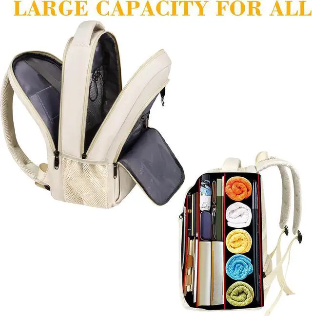 Alt view image 4 of 7 - Beige Laptop Backpack 15.6 Inch, Lightweight Sturdy Bag for College Supplies with USB Charging Port, Water Resistant Anti Theft Travel Computer Daypack Fashion Work Nurse Bag Gift for Women