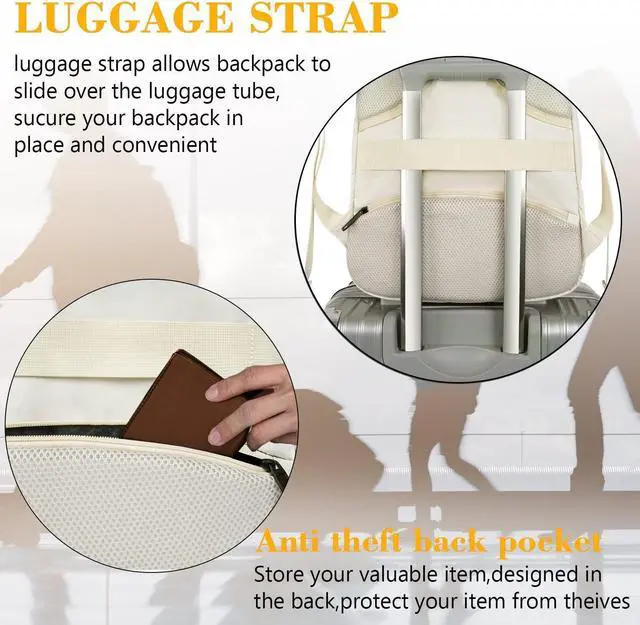 Alt view image 5 of 7 - Beige Laptop Backpack 15.6 Inch, Lightweight Sturdy Bag for College Supplies with USB Charging Port, Water Resistant Anti Theft Travel Computer Daypack Fashion Work Nurse Bag Gift for Women