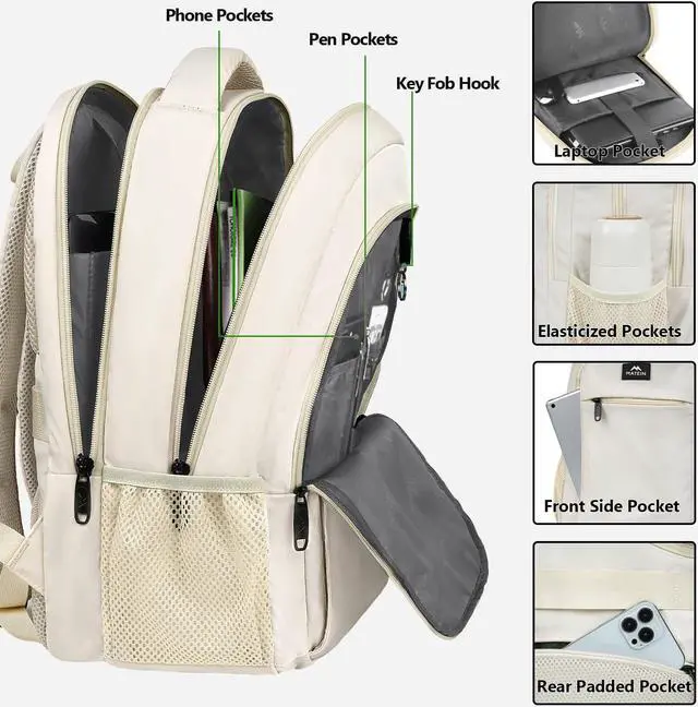 Alt view image 3 of 7 - Beige Laptop Backpack 15.6 Inch, Lightweight Sturdy Bag for College Supplies with USB Charging Port, Water Resistant Anti Theft Travel Computer Daypack Fashion Work Nurse Bag Gift for Women
