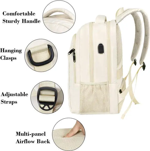 Alt view image 7 of 7 - Beige Laptop Backpack 15.6 Inch, Lightweight Sturdy Bag for College Supplies with USB Charging Port, Water Resistant Anti Theft Travel Computer Daypack Fashion Work Nurse Bag Gift for Women