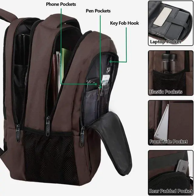 Alt view image 5 of 7 - 15-inch Laptop Backpack, School Backpack with USB for Men Women and College Student, Sturdy Laptop Bag for Laptop Accessories Water Resistant Travel Backpack Functional Birthday Gifts,Brown