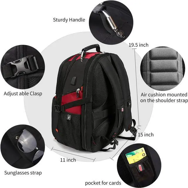 Alt view image 3 of 7 - Extra Large 50L Travel Laptop Backpack with USB Charging Port, College High School Backpack Airline Approved Business Work Bag Fit 17 Inch Laptops for Men Women,Red