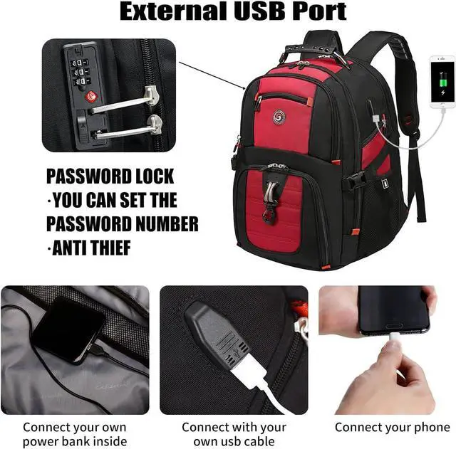 Alt view image 2 of 7 - Extra Large 50L Travel Laptop Backpack with USB Charging Port, College High School Backpack Airline Approved Business Work Bag Fit 17 Inch Laptops for Men Women,Red