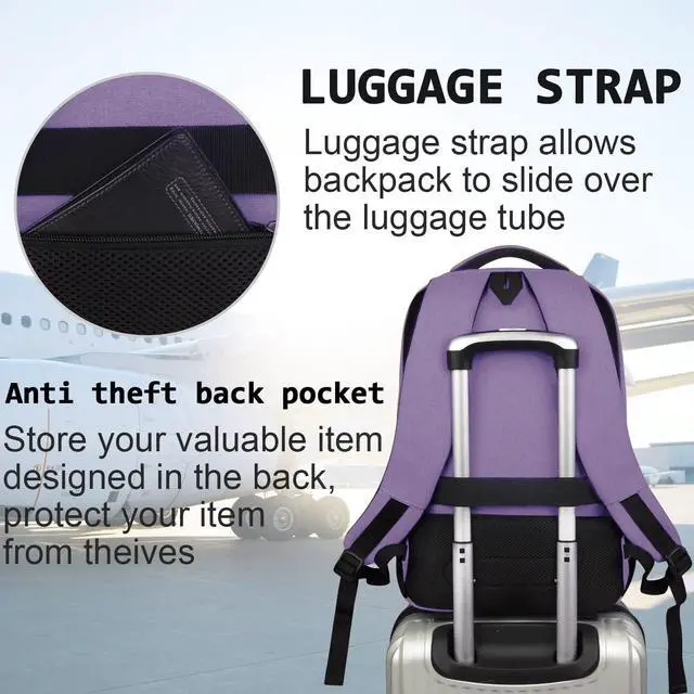 Alt view image 6 of 7 - Laptop Backpack,Business Travel Anti Theft Slim Durable Laptops Backpack with USB Charging Port,Water Resistant College Computer Bag for Women & Men Fits 15.6 Inch Laptop and Notebook-Purple