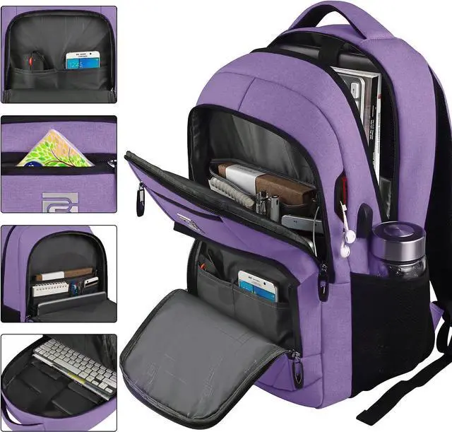 Alt view image 2 of 7 - Laptop Backpack,Business Travel Anti Theft Slim Durable Laptops Backpack with USB Charging Port,Water Resistant College Computer Bag for Women & Men Fits 15.6 Inch Laptop and Notebook-Purple
