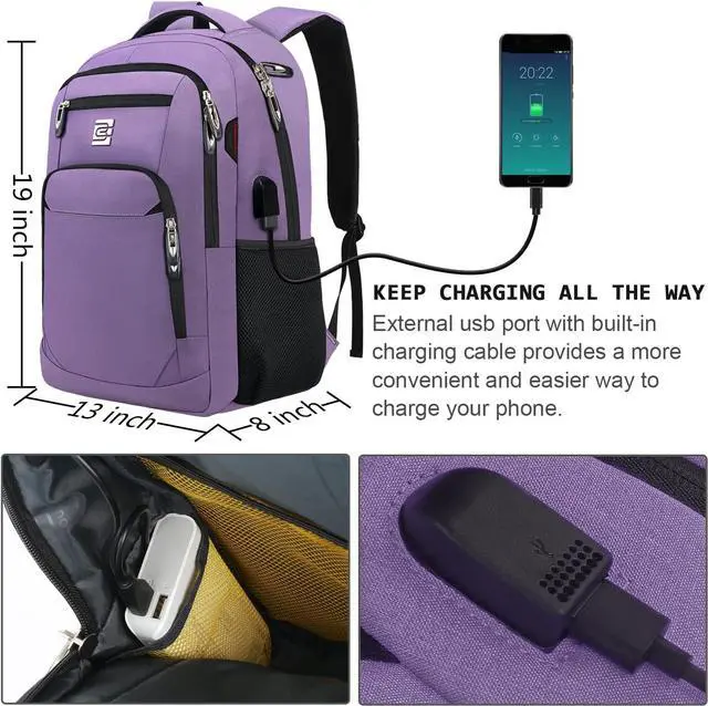 Alt view image 3 of 7 - Laptop Backpack,Business Travel Anti Theft Slim Durable Laptops Backpack with USB Charging Port,Water Resistant College Computer Bag for Women & Men Fits 15.6 Inch Laptop and Notebook-Purple