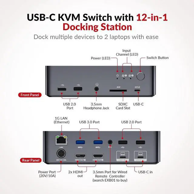 Alt view image 2 of 7 - AV Access KVM Switch Dock 2 Monitors 2 Laptops, 4K KVM Switch Dual Monitor, 2 USB-C MST Ports, 60W PD for Each PC, 1G Ethernet, EDID Emulation, 2K@144Hz, 1080P@240Hz, Ideal for Home Office & Gaming