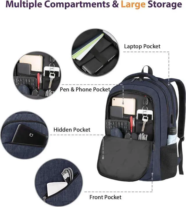 Alt view image 6 of 7 - 17 inch Laptop Backpack, Large Travel Backpack Carry On Flight Approved with Trolley Sleeve, Computer Work Bag with USB Charging Port, Water Resistant Backpack for College, Dark Blue