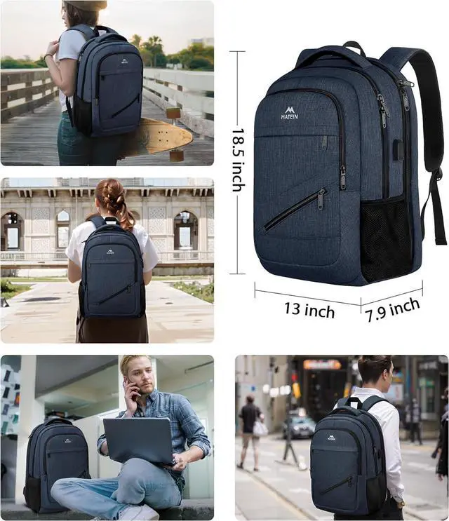Alt view image 5 of 7 - 17 inch Laptop Backpack, Large Travel Backpack Carry On Flight Approved with Trolley Sleeve, Computer Work Bag with USB Charging Port, Water Resistant Backpack for College, Dark Blue