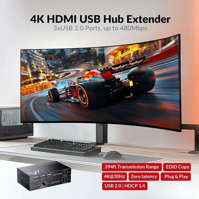 Alt view image 2 of 7 - AV Access Zero-Latency 4K HDMI KVM Extender, 120m/394ft Over Cat5e/6, 3X USB 2.0 Ports, Plug and Play, Remote USB Control for Gaming, Data Centers & Classrooms