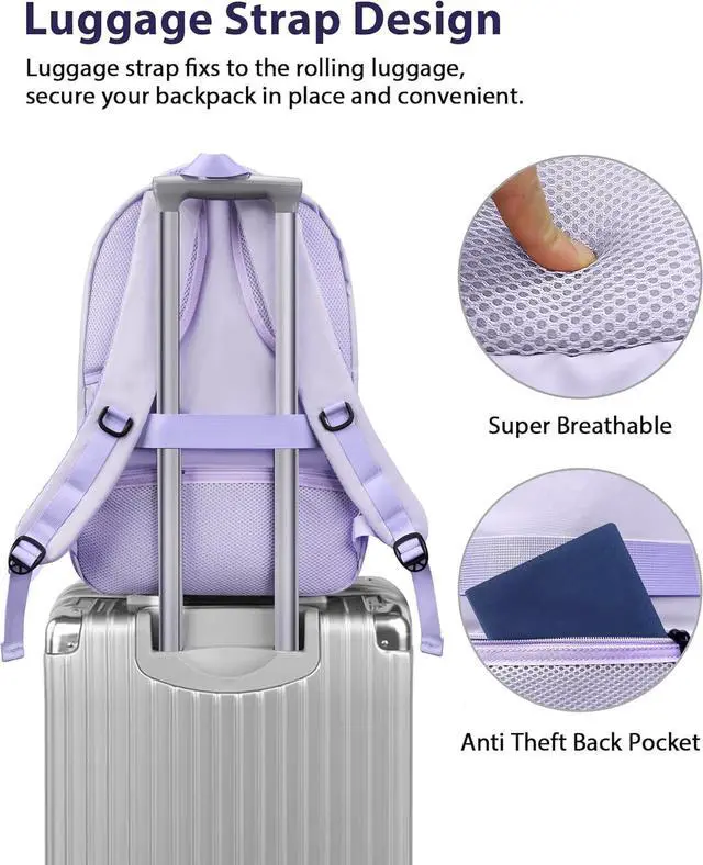 Alt view image 2 of 7 - Large Travel Backpack for Womens, Lightweight Carry on Backpack Flight Approved Fit 17 in Laptop, Sturdy Personal item Backpacks for Travel Essentials, College Bags for Women, Purple