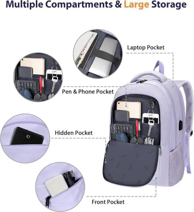 Alt view image 5 of 7 - Large Travel Backpack for Womens, Lightweight Carry on Backpack Flight Approved Fit 17 in Laptop, Sturdy Personal item Backpacks for Travel Essentials, College Bags for Women, Purple