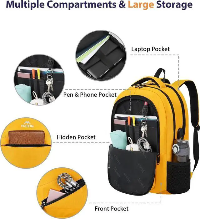 Alt view image 6 of 7 - Travel Backpack, Large Travel Backpack for Women Men Airline Approved, Carryon Backpack with Laptop Compartment TSA Approved, Water Resistant Sturdy 17 inch Laptop Bag,Yellow