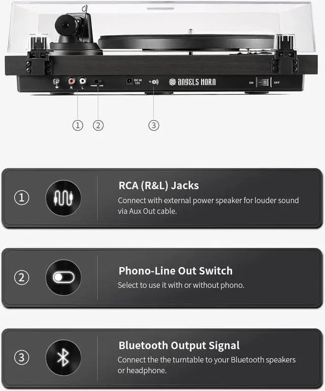 Alt view image 5 of 5 - High Fidelity Vinyl Record Player, Bluetooth Turntable, 2 Speed Belt Drive, Built-in Preamp, Adjustable Counterweight,Magnetic Cartridge (Black)