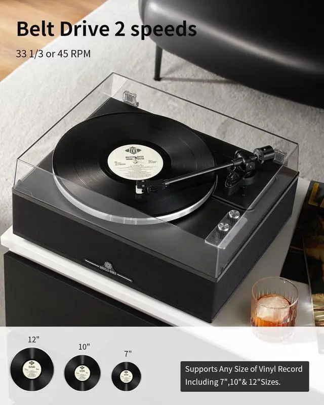 Alt view image 2 of 7 - Bluetooth Vinyl Record Player - High-Fidelity 2-Speed Turntable with Built-in Speakers - Includes Phono Preamp & Magnetic AT-3600L Cartridge - Black Classic Edition