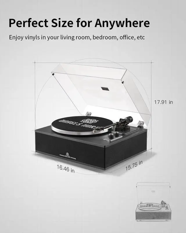 Alt view image 7 of 7 - Bluetooth Vinyl Record Player - High-Fidelity 2-Speed Turntable with Built-in Speakers - Includes Phono Preamp & Magnetic AT-3600L Cartridge - Black Classic Edition