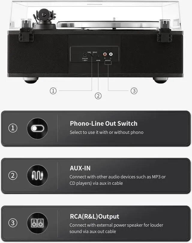 Alt view image 6 of 7 - Bluetooth Vinyl Record Player - High-Fidelity 2-Speed Turntable with Built-in Speakers - Includes Phono Preamp & Magnetic AT-3600L Cartridge - Black Classic Edition