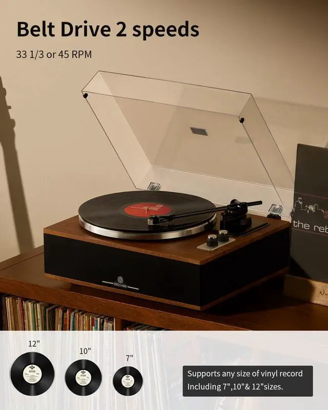 Alt view image 2 of 7 - Vinyl Record Player, Bluetooth Turntable with Built in Speakers Phono Preamp, High Fidelity Turntables for Vinyl Records with Magnetic Cartridge AT-3600L, Belt Drive 2-Speed,Walnut Wood