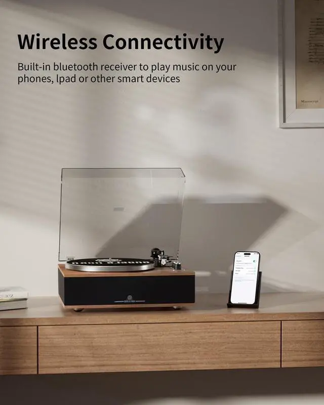 Alt view image 5 of 7 - Vinyl Record Player, Bluetooth Turntable with Built in Speakers Phono Preamp, High Fidelity Turntables for Vinyl Records with Magnetic Cartridge AT-3600L, Belt Drive 2-Speed,Walnut Wood
