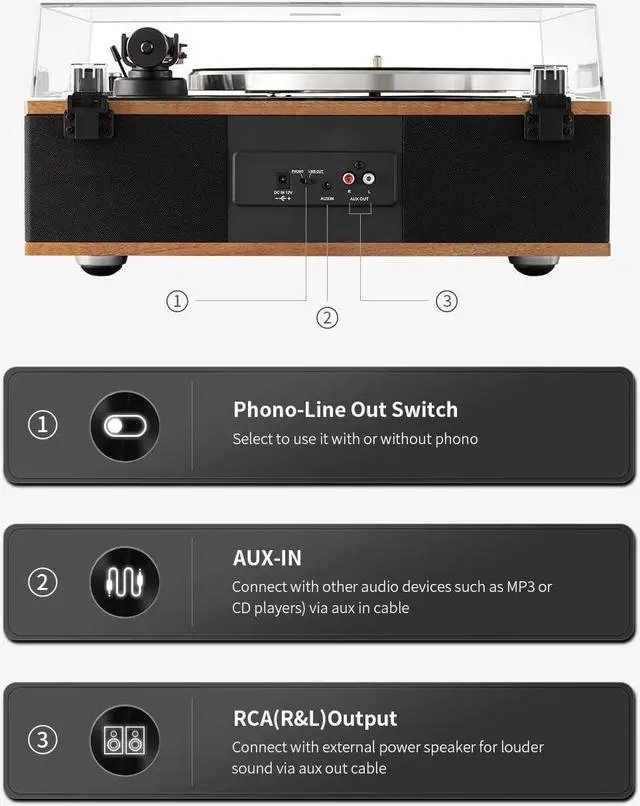 Alt view image 6 of 7 - Vinyl Record Player, Bluetooth Turntable with Built in Speakers Phono Preamp, High Fidelity Turntables for Vinyl Records with Magnetic Cartridge AT-3600L, Belt Drive 2-Speed,Walnut Wood