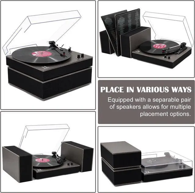 Alt view image 5 of 7 - Bluetooth Record Player,Turntable HiFi System with Bookshelf Speakers, 3-Speed Belt-Drive Vinyl Turntable for Vinyl Records with Wireless Playback and Auto-Stop,Grey Cloth Pattern