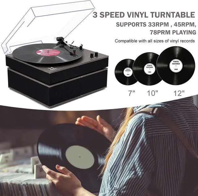 Alt view image 2 of 7 - Bluetooth Record Player,Turntable HiFi System with Bookshelf Speakers, 3-Speed Belt-Drive Vinyl Turntable for Vinyl Records with Wireless Playback and Auto-Stop,Grey Cloth Pattern