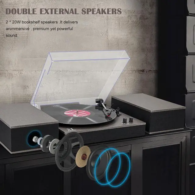 Alt view image 3 of 7 - Bluetooth Record Player,Turntable HiFi System with Bookshelf Speakers, 3-Speed Belt-Drive Vinyl Turntable for Vinyl Records with Wireless Playback and Auto-Stop,Grey Cloth Pattern