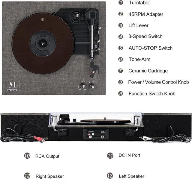 Alt view image 7 of 7 - Bluetooth Record Player,Turntable HiFi System with Bookshelf Speakers, 3-Speed Belt-Drive Vinyl Turntable for Vinyl Records with Wireless Playback and Auto-Stop,Grey Cloth Pattern