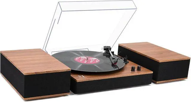 Main image of Bluetooth Record Player,Turntable HiFi System with Bookshelf Speakers, 3-Speed Belt-Drive Vinyl Turntable for Vinyl Records with Wireless Playback and Auto-Stop,Yellow Wood