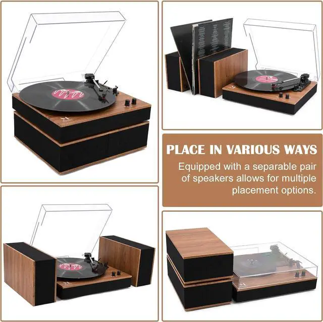 Alt view image 4 of 7 - Bluetooth Record Player,Turntable HiFi System with Bookshelf Speakers, 3-Speed Belt-Drive Vinyl Turntable for Vinyl Records with Wireless Playback and Auto-Stop,Yellow Wood