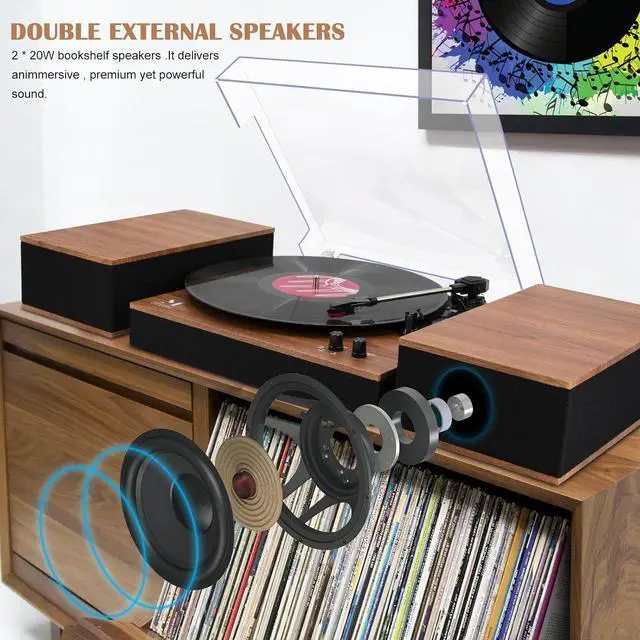 Alt view image 2 of 7 - Bluetooth Record Player,Turntable HiFi System with Bookshelf Speakers, 3-Speed Belt-Drive Vinyl Turntable for Vinyl Records with Wireless Playback and Auto-Stop,Yellow Wood