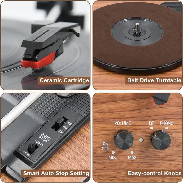 Alt view image 7 of 7 - Bluetooth Record Player,Turntable HiFi System with Bookshelf Speakers, 3-Speed Belt-Drive Vinyl Turntable for Vinyl Records with Wireless Playback and Auto-Stop,Yellow Wood